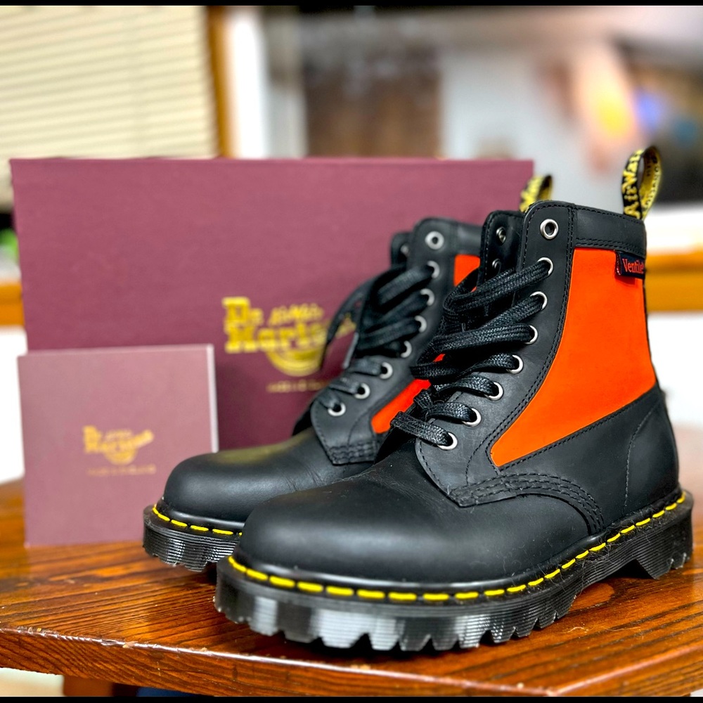Doc Martens Made in England 1460 Panel Black & Orange Boots SZ M6 / W7